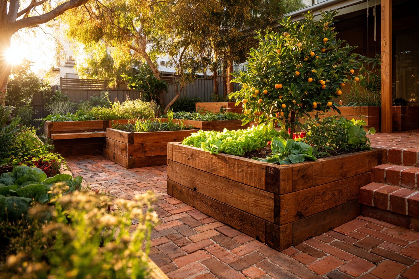 Timber raised beds of lettuce and an orange tree on brick paving in late sun