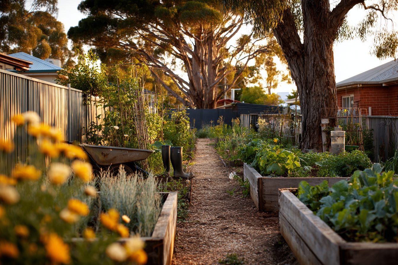 A mulched path between raised beds in a suburban backyard at golden hour