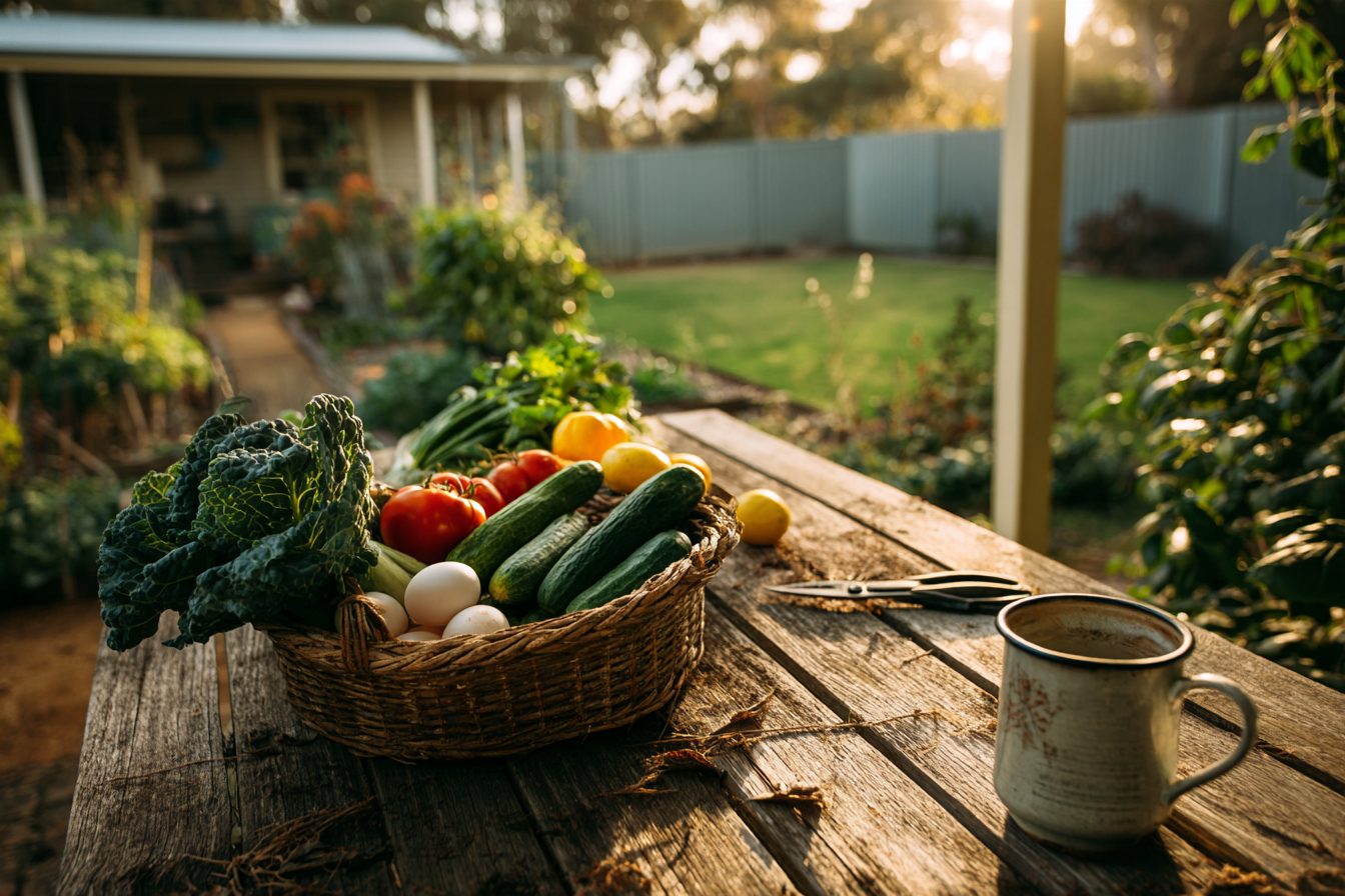 A basket of kale, tomatoes, cucumbers, lemons and eggs on an outdoor table, with the garden behind