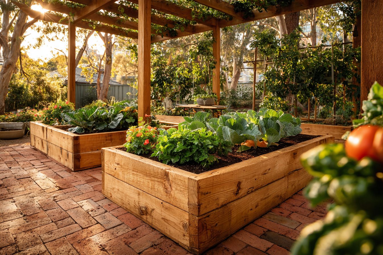 Deep timber raised beds of cabbages on brick paving under a vine-covered pergola