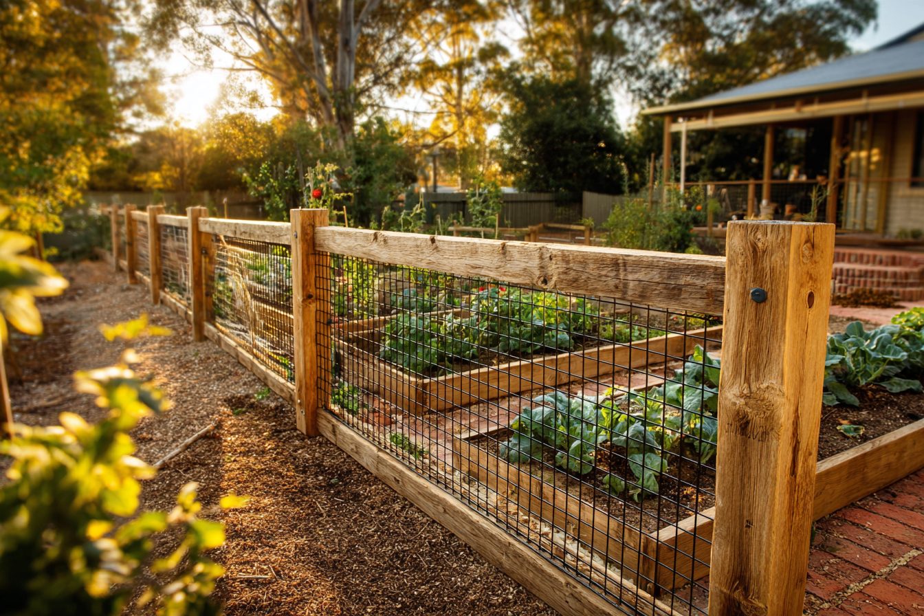 A rough-sawn timber and mesh fence around raised beds at golden hour