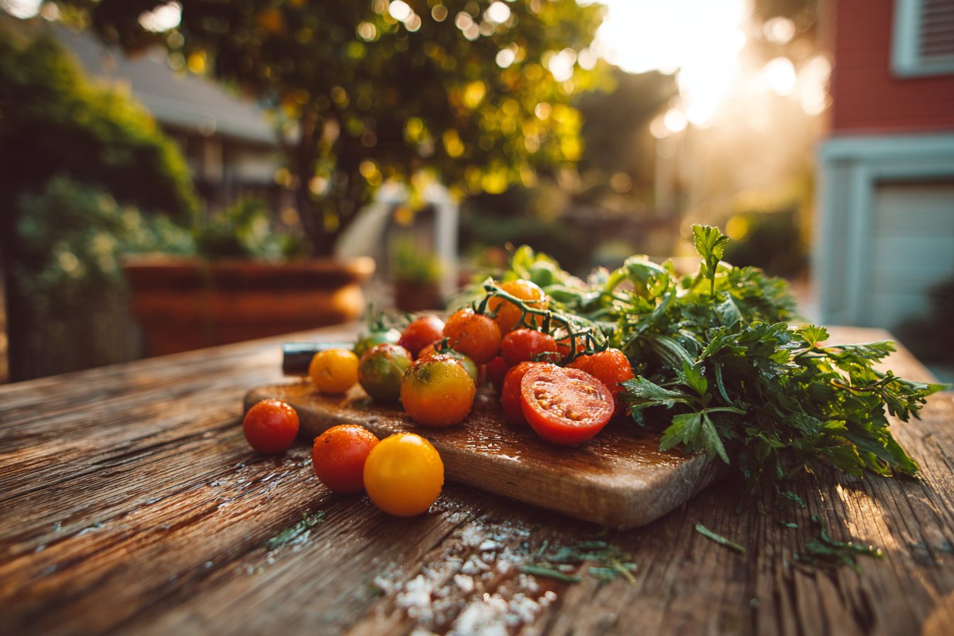 Ripe red and yellow cherry tomatoes and parsley on a wooden board outdoors