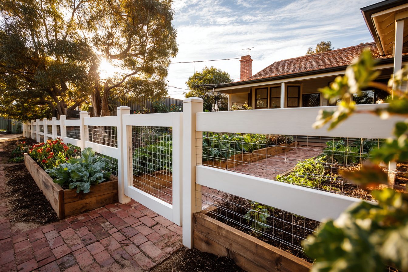 A white timber fence with wire mesh around raised veggie beds beside a brick house