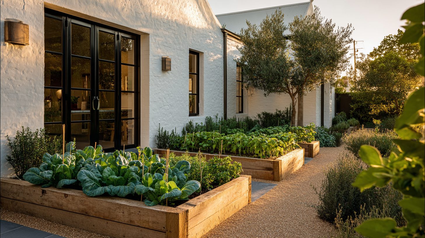 Timber raised beds full of greens along a white brick house in late sun